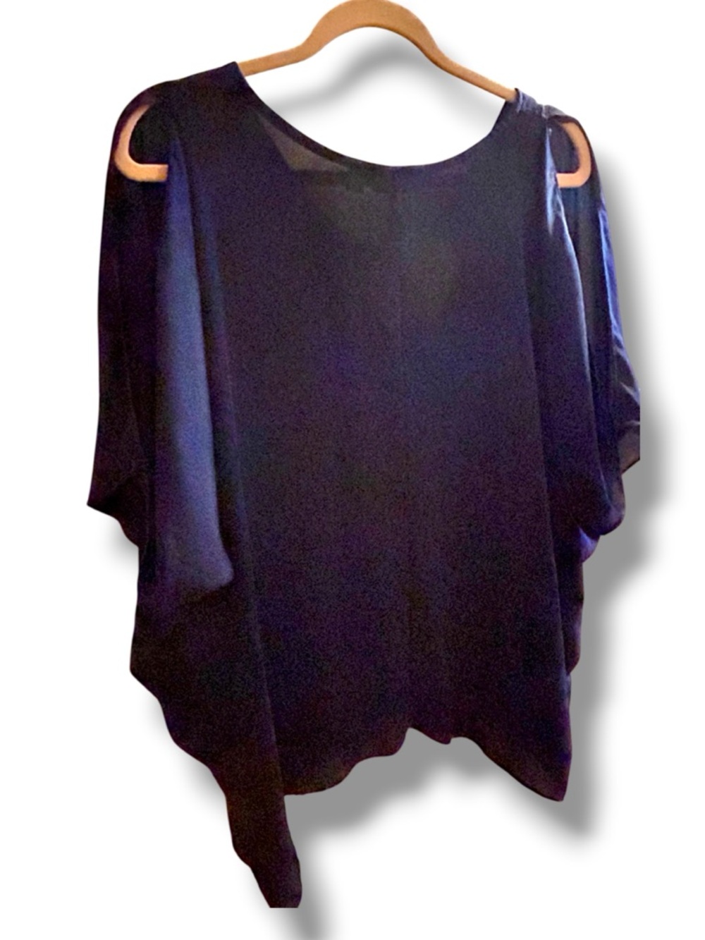 Inky Navy Blue Chiffon Style Top Poncho Semi Sheer V Neck Open Shoulder Blouse M